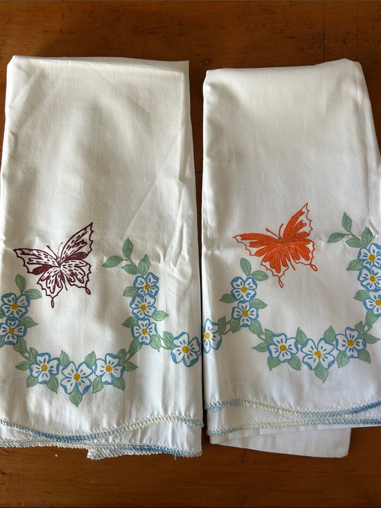 Other - Vintage white pillowcase set Butterflies & Flowers paint and embroidered 1970s